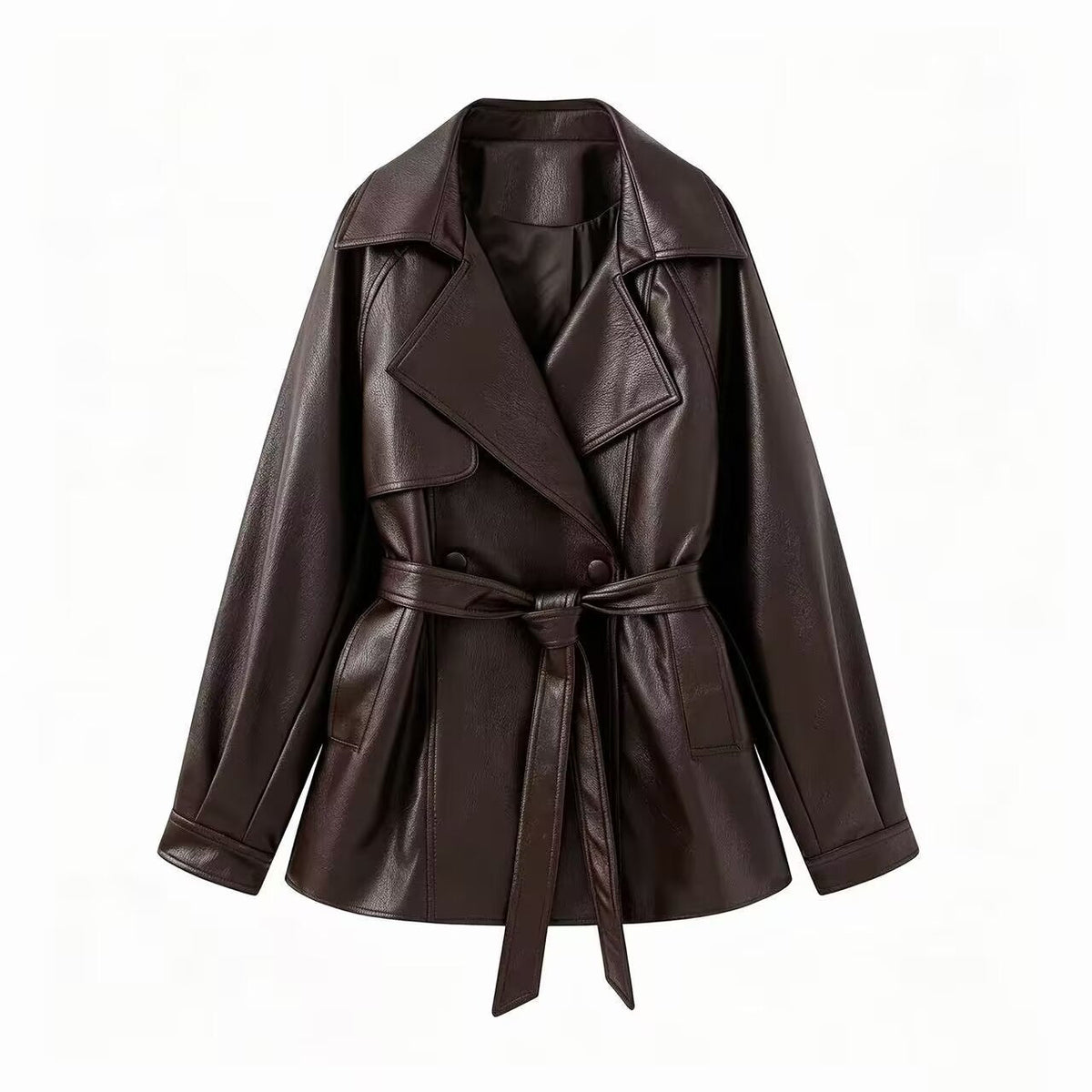 Women's Fitted Faux-Leather Trench Coat with Wide Lapels and Tie Belt