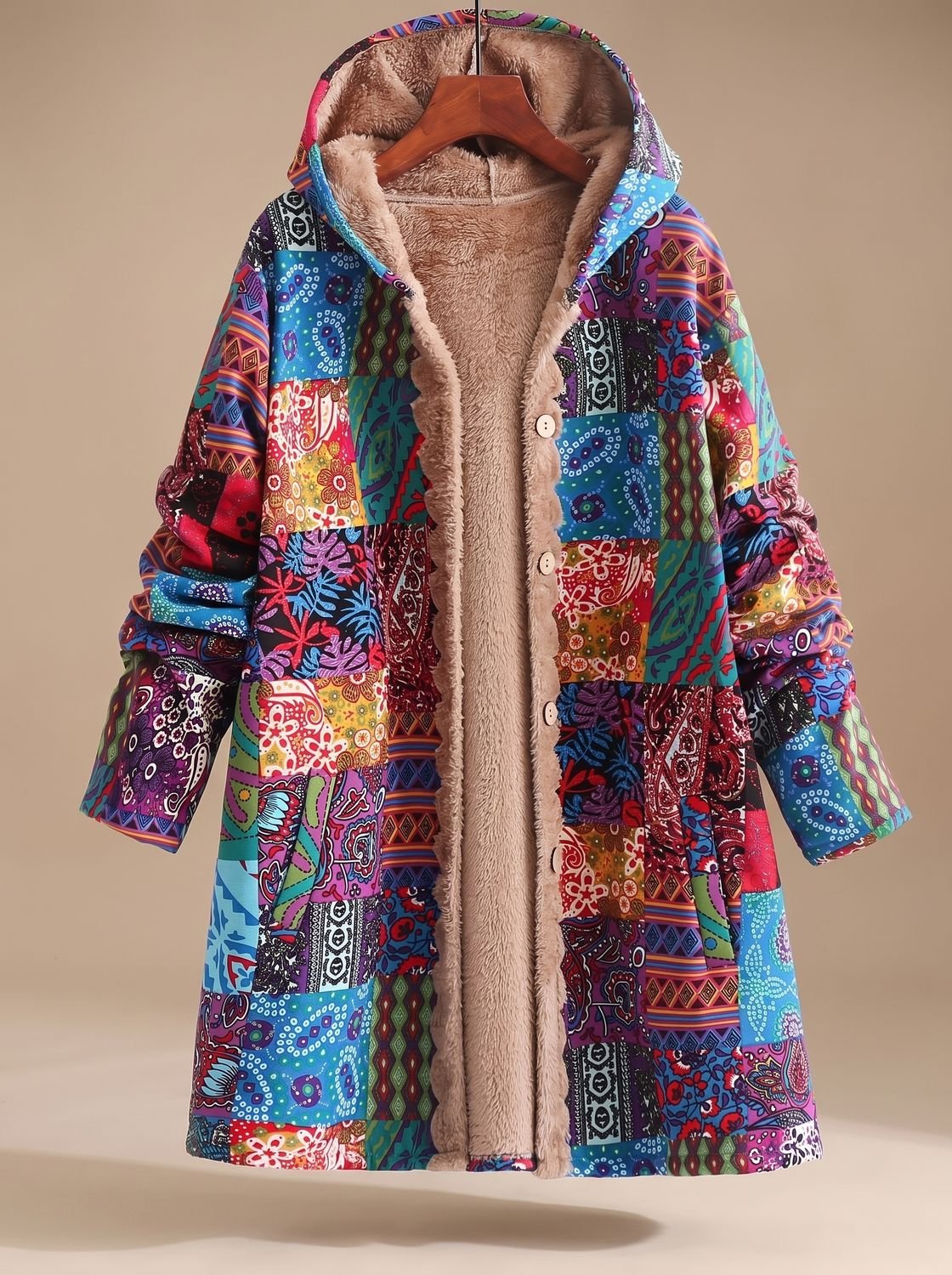 Women's Fleece-Lined Hooded Boho Patchwork Jacket