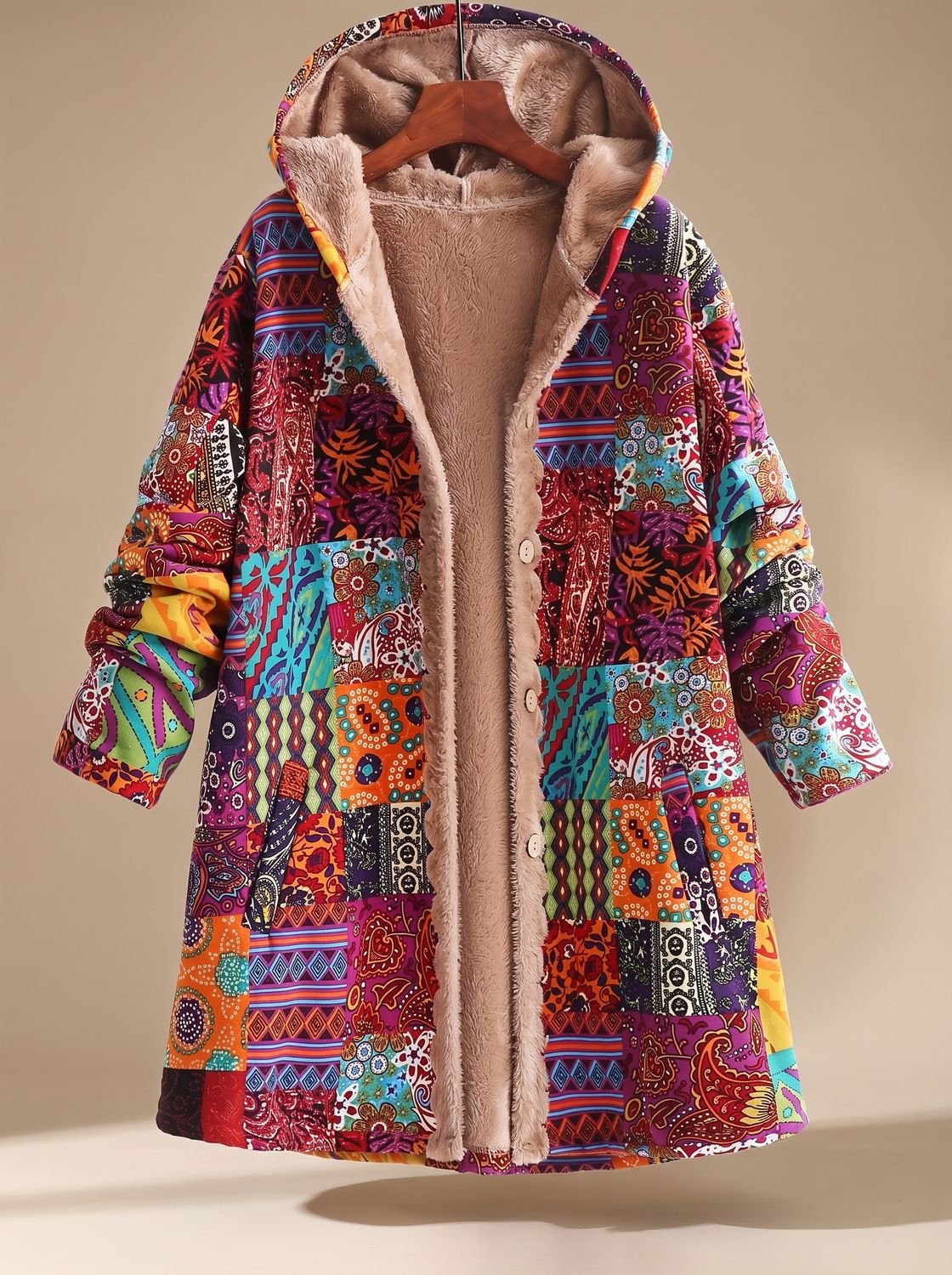 Women's Fleece-Lined Hooded Boho Patchwork Jacket