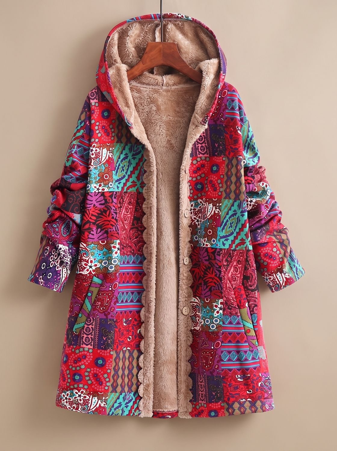 Women's Fleece-Lined Hooded Boho Patchwork Jacket
