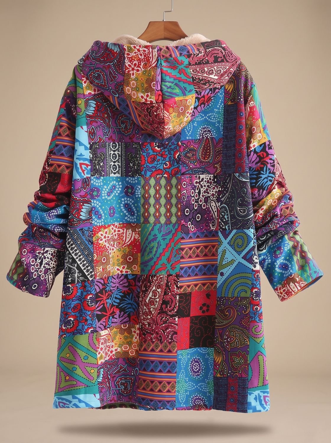 Women's Fleece-Lined Hooded Boho Patchwork Jacket