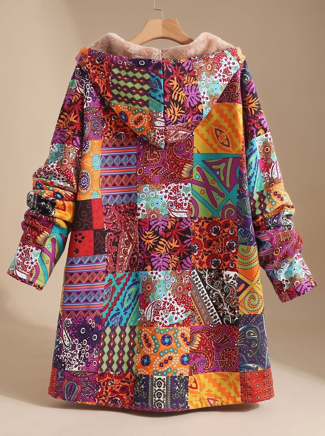 Women's Fleece-Lined Hooded Boho Patchwork Jacket