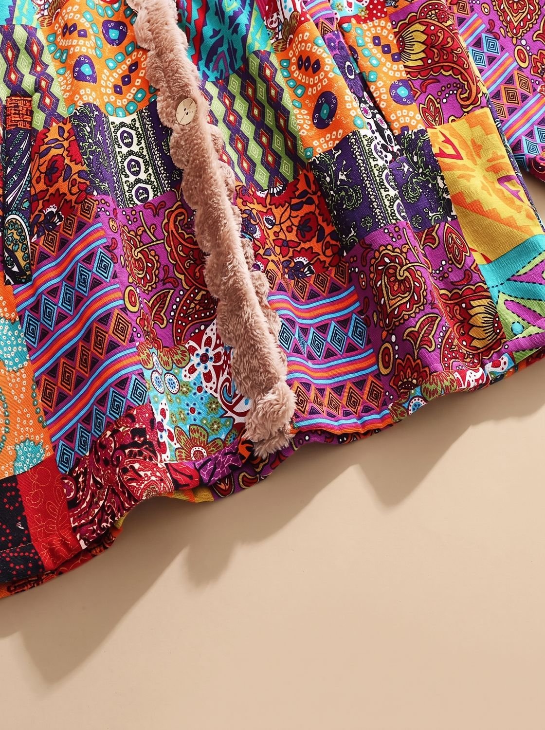 Women's Fleece-Lined Hooded Boho Patchwork Jacket