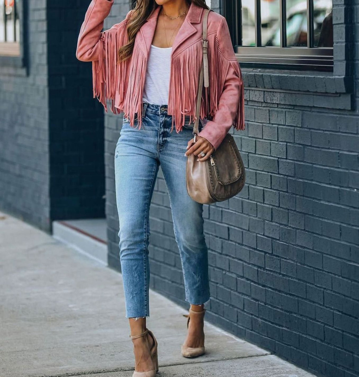 Women's Fringe Suede Cropped Moto Jacket