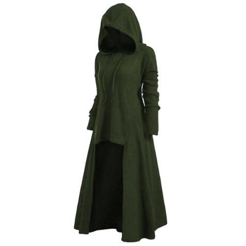 Women's Knitted Hooded Coat with Flared Maxi Skirt and Asymmetrical Hem