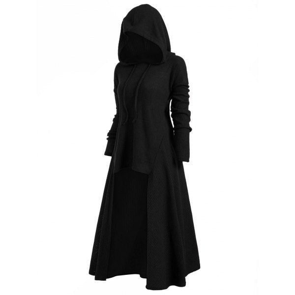 Women's Knitted Hooded Coat with Flared Maxi Skirt and Asymmetrical Hem