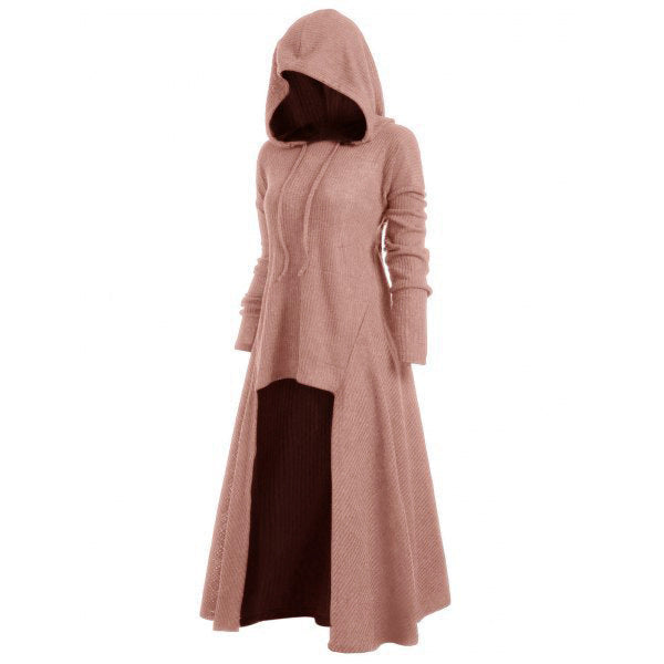 Women's Knitted Hooded Coat with Flared Maxi Skirt and Asymmetrical Hem