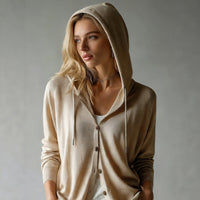 Women's Lightweight Hooded Cardigan with Button Placket and Drawstring