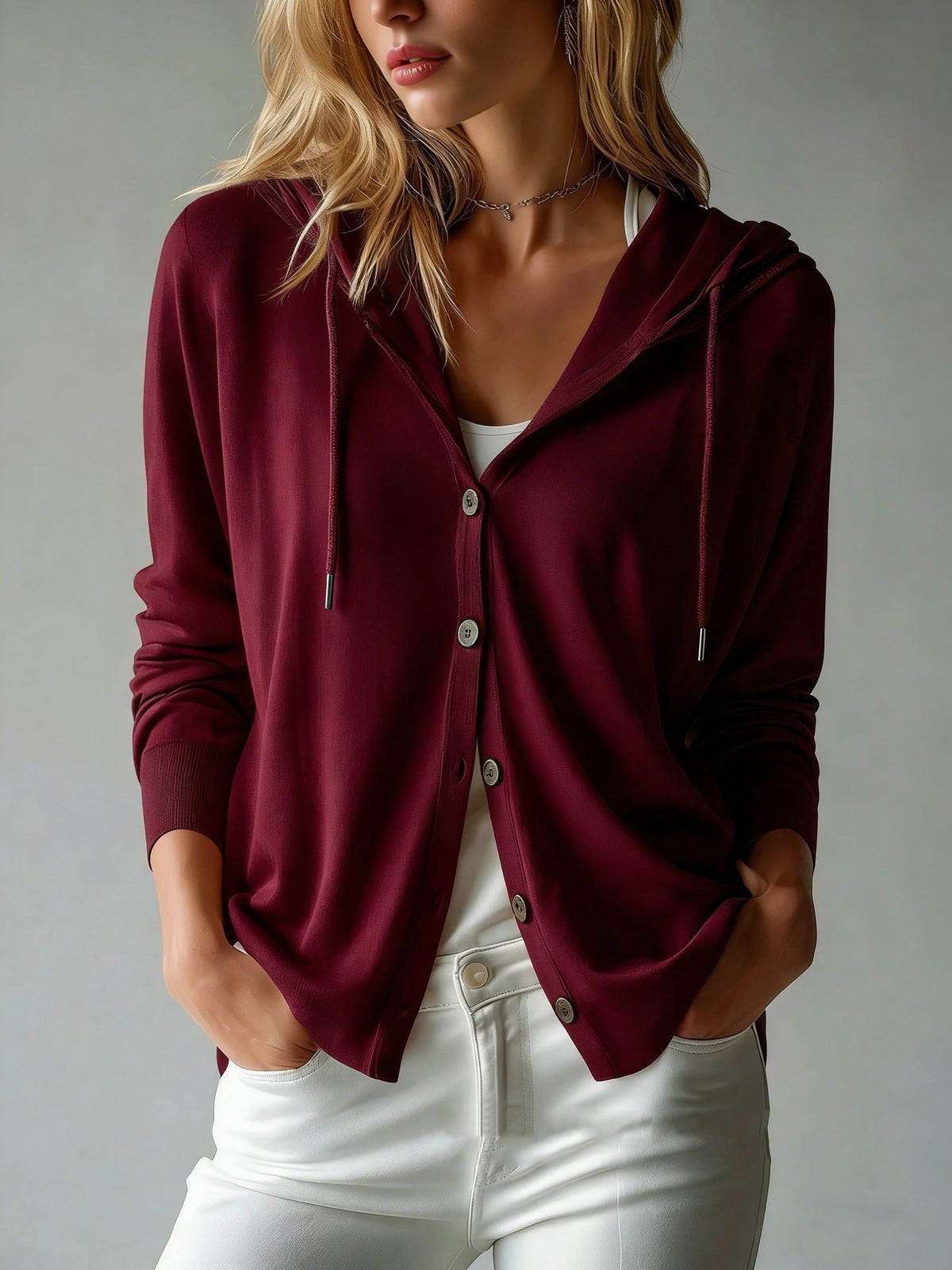Women's Lightweight Hooded Cardigan with Button Placket and Drawstring