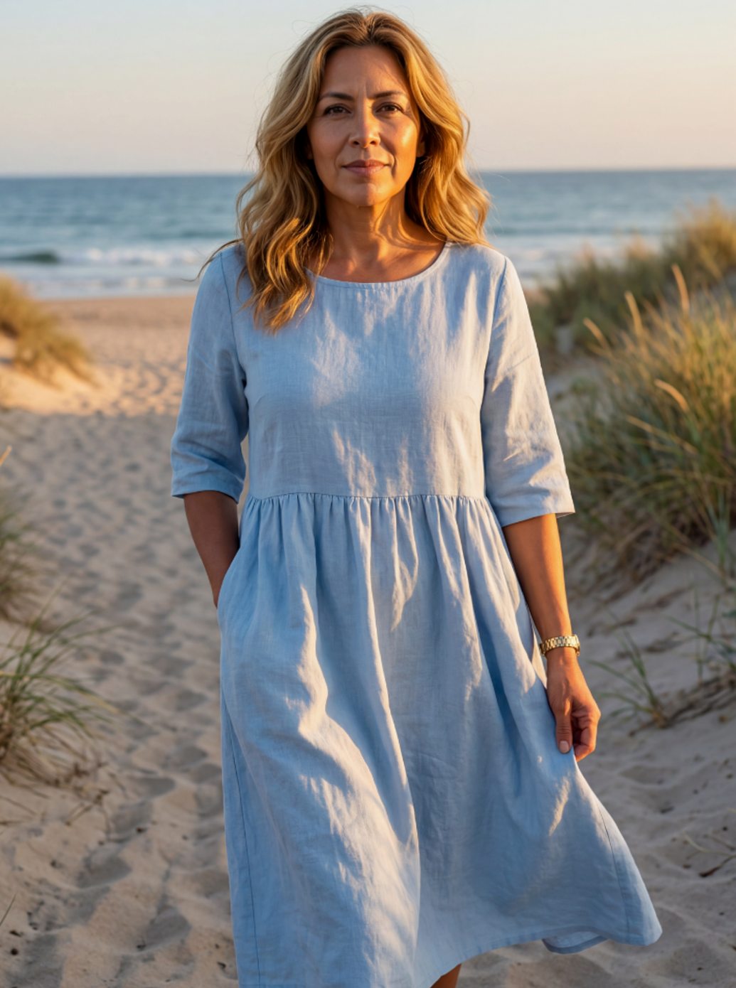 Women's Linen Midi Dress with Round Neck and Half Sleeves