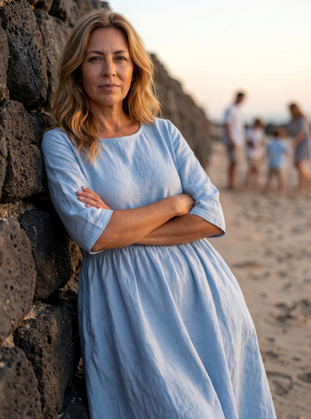 Women's Linen Midi Dress with Round Neck and Half Sleeves