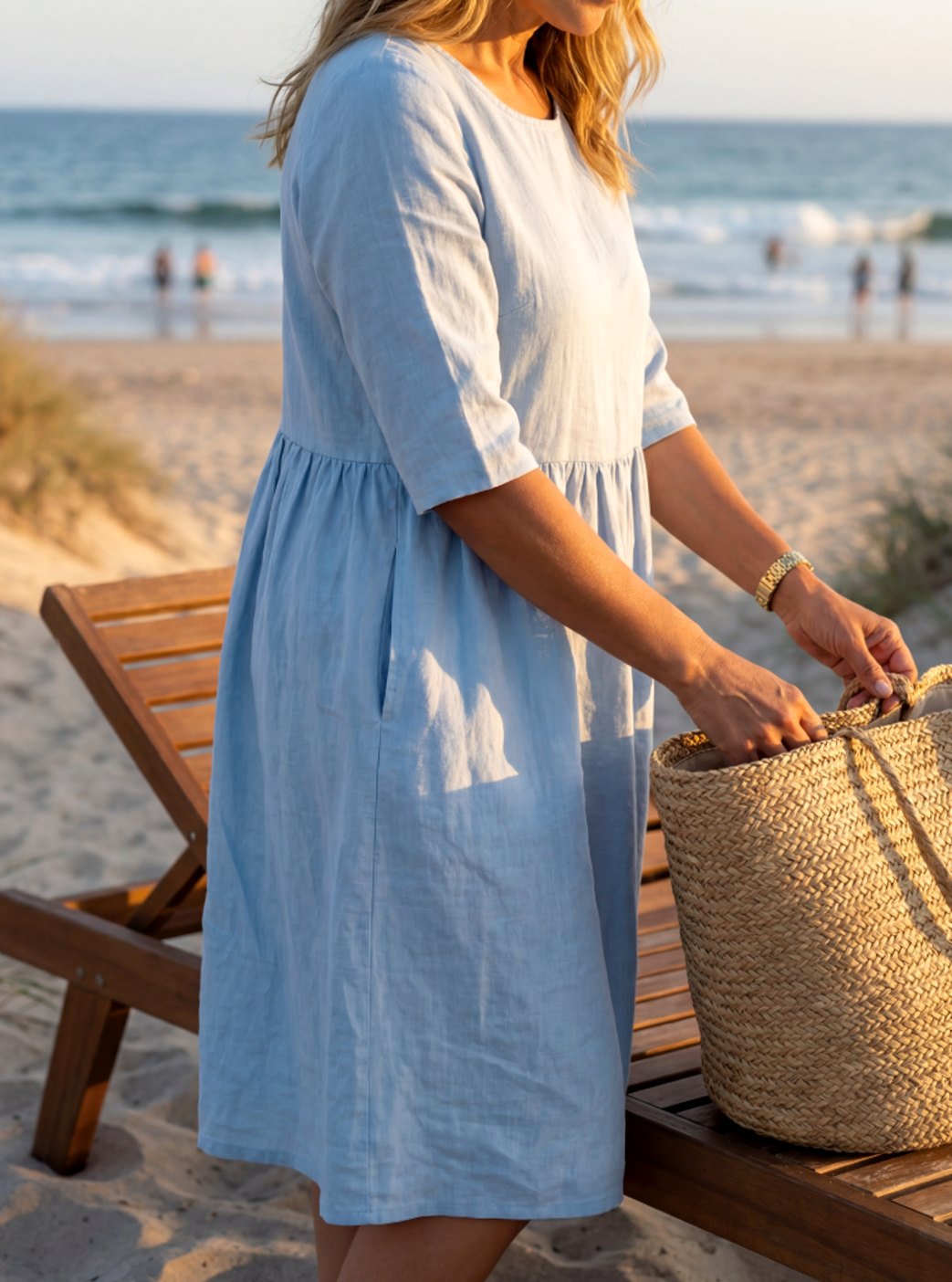 Women's Linen Midi Dress with Round Neck and Half Sleeves
