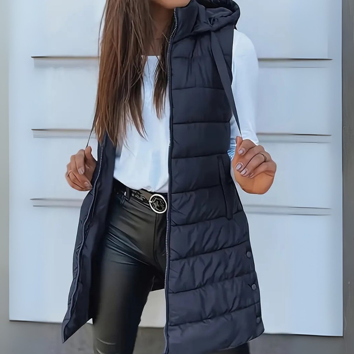 Women's Long Hooded Sleeveless Puffer Vest Lightweight Layering Gilet