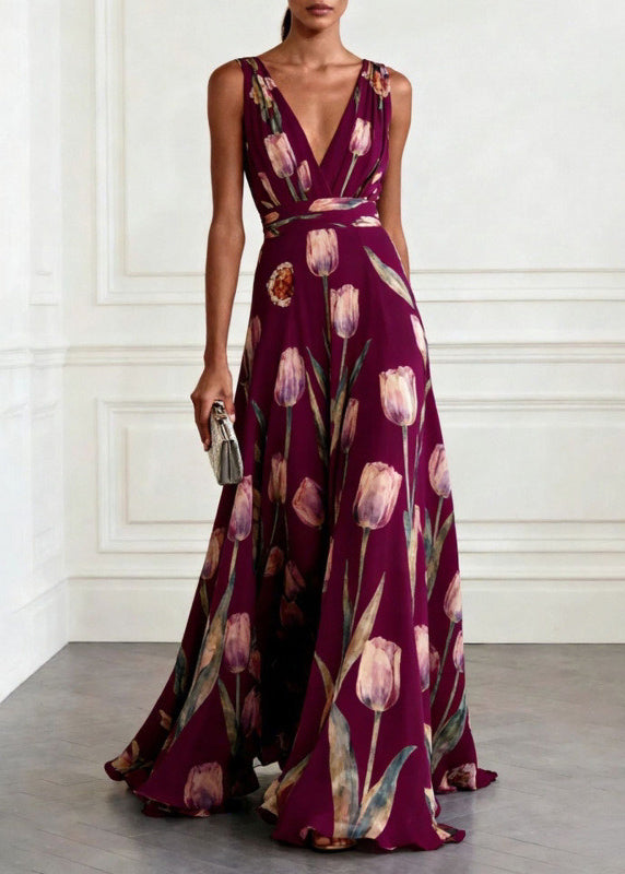 Women's Long Party Dress with Blue Print and Flowy Skirt