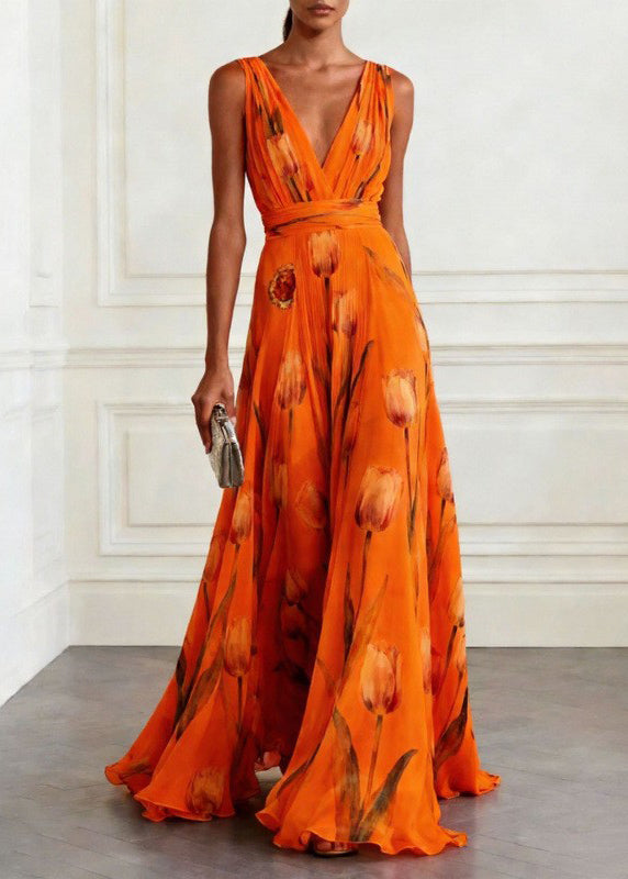 Women's Long Party Dress with Blue Print and Flowy Skirt