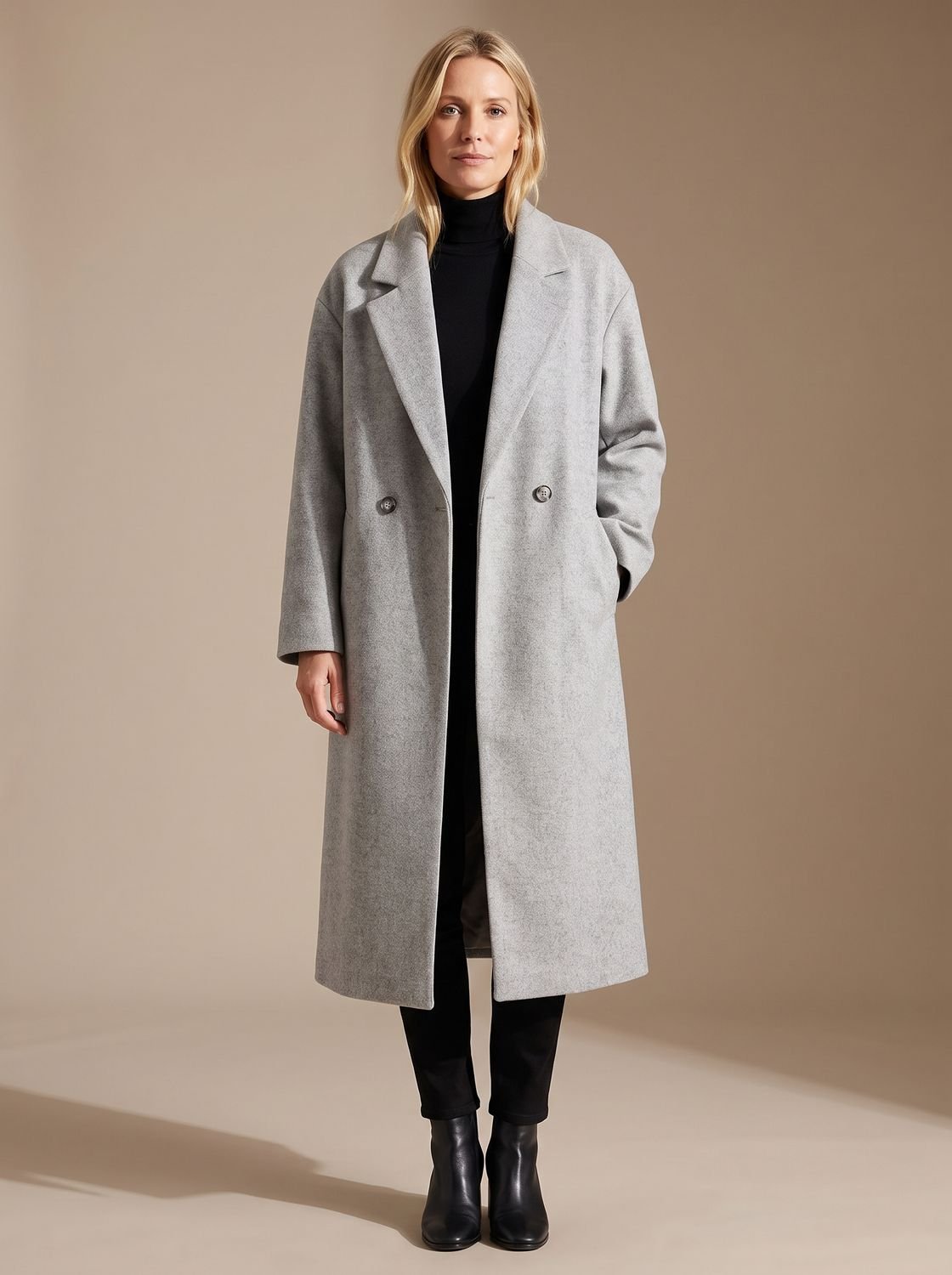 Women's Long Relaxed Double-Breasted Tailored Winter Coat