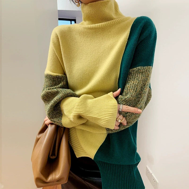 Women's Loose Fit Turtleneck Wool-Blend Sweater with Ribbed Cuffs and Hem