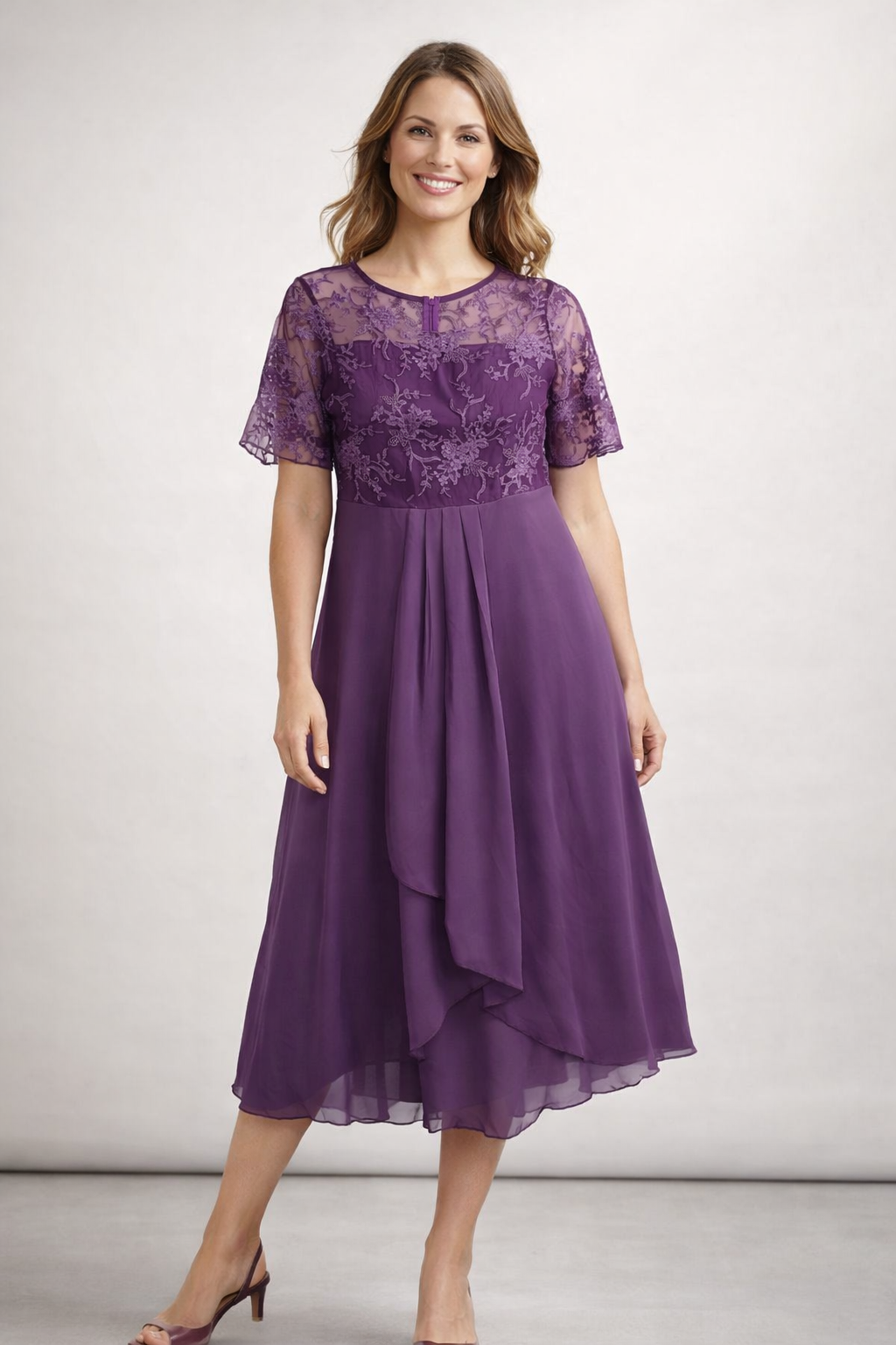 Women's Midi Dress with Lace and Chiffon Short Sleeves