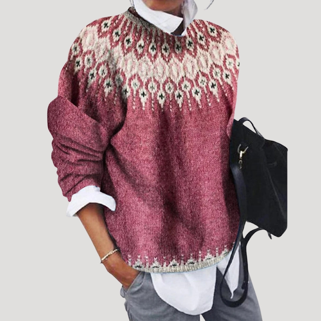 Women's Nordic Yoke Pattern Crew Neck Sweater