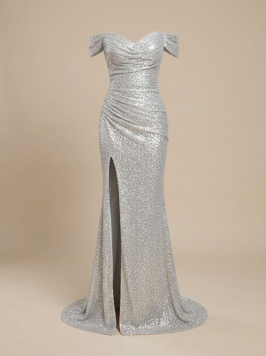 Women's Off-Shoulder Sequin Maxi Christmas Party Dress with Side Slit
