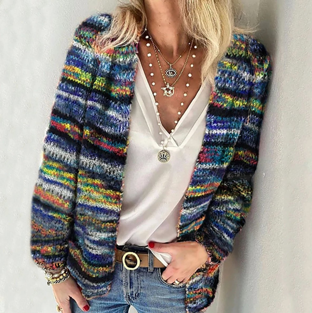 Women's Open-Front Striped Chunky Knit Cardigan Sweater