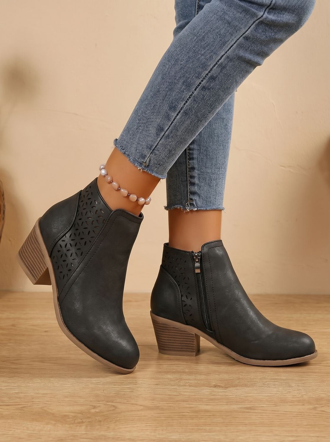 Women's Orthopedic Laser-Cut Block-Heel Ankle Boots