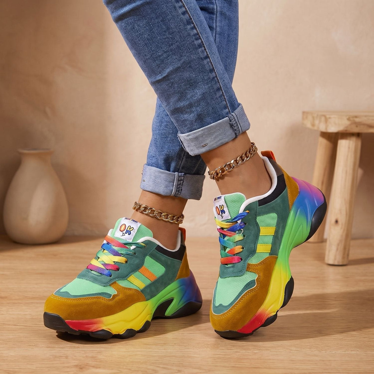 Women's Orthopedic Rainbow Chunky Lace-Up Sneakers