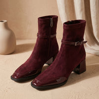 Women's Orthopedic Square-Toe Suede Ankle Boots with Buckle and Block Heel