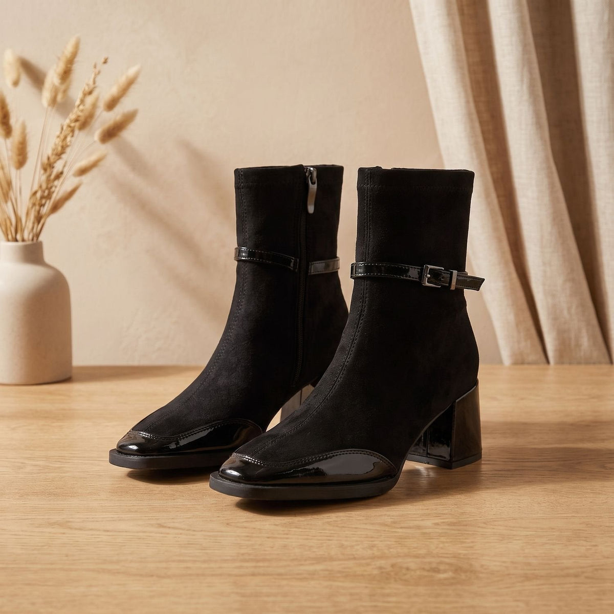 Women's Orthopedic Square-Toe Suede Ankle Boots with Buckle and Block Heel