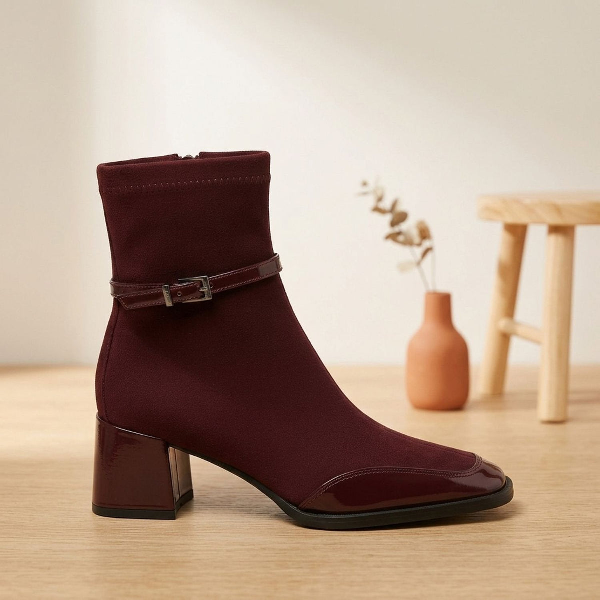 Women's Orthopedic Square-Toe Suede Ankle Boots with Buckle and Block Heel