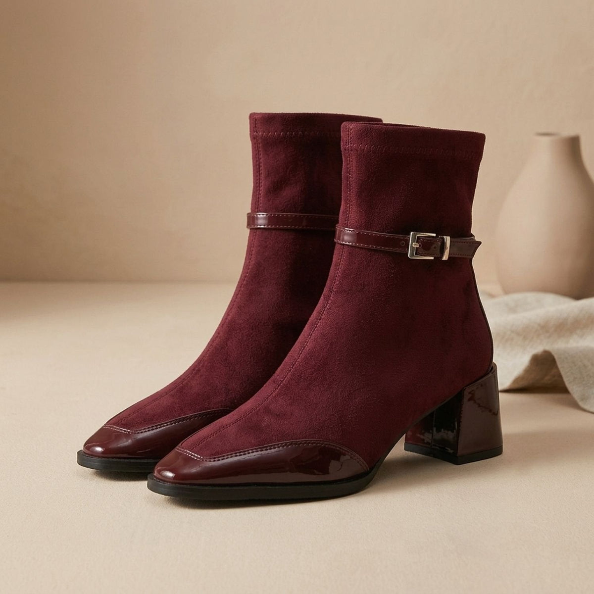 Women's Orthopedic Square-Toe Suede Ankle Boots with Buckle and Block Heel