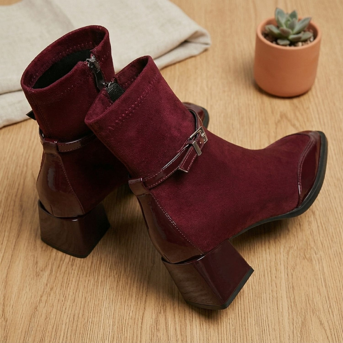 Women's Orthopedic Square-Toe Suede Ankle Boots with Buckle and Block Heel