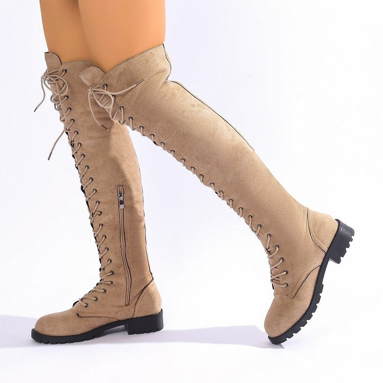 Women's Over-the-Knee Lace-Up Boots with Side Zipper, Decorative Lacing, and Textured Rubber Sole