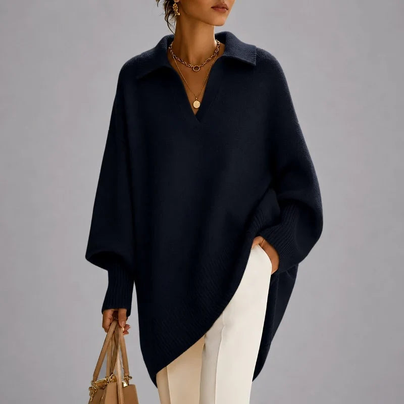 Women's Oversized Collared V-Neck Long Sleeve Poncho Sweater