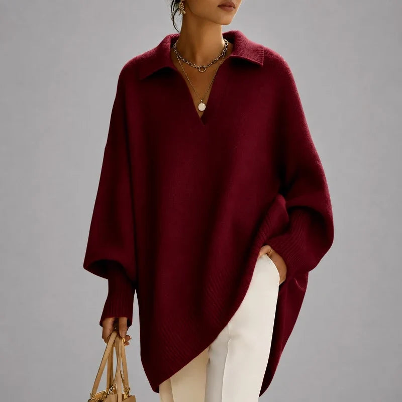 Women's Oversized Collared V-Neck Long Sleeve Poncho Sweater