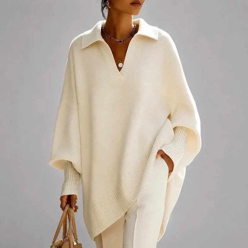 Women's Oversized Collared V-Neck Long Sleeve Poncho Sweater