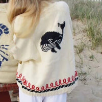 Women's Oversized Knit Cardigan with Whale Motif and Nautical Contrast Trim