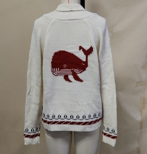 Women's Oversized Knit Cardigan with Whale Motif and Nautical Contrast Trim