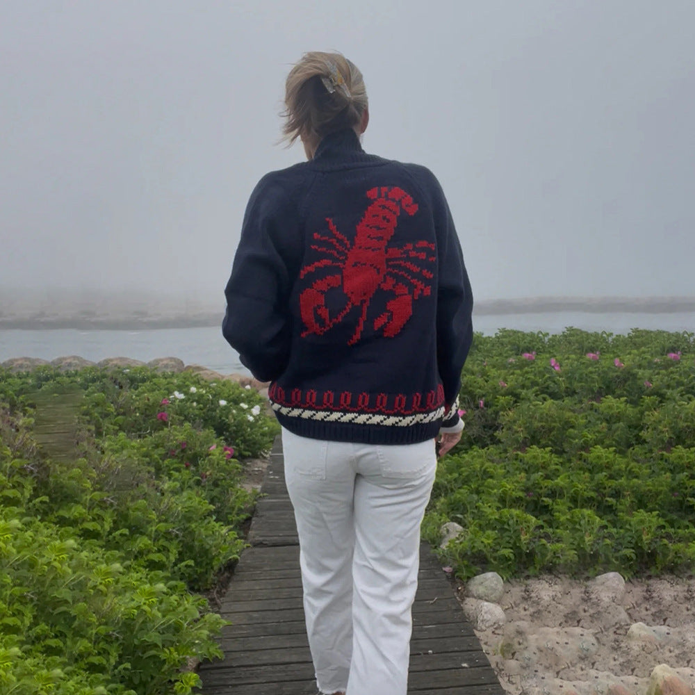 Women's Oversized Knit Cardigan with Whale Motif and Nautical Contrast Trim