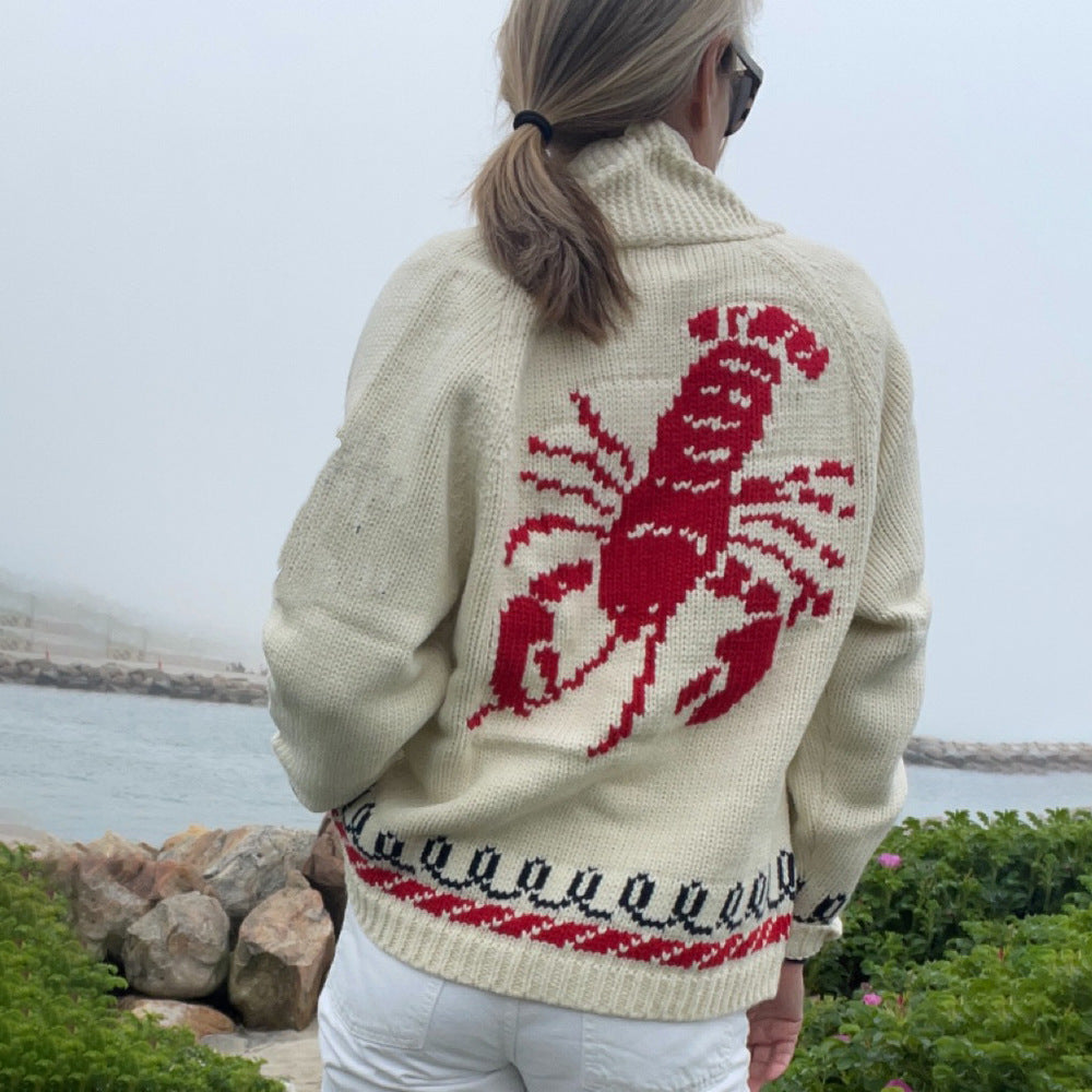 Women's Oversized Knit Cardigan with Whale Motif and Nautical Contrast Trim