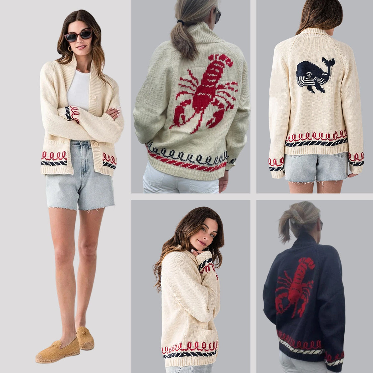 Women's Oversized Knit Cardigan with Whale Motif and Nautical Contrast Trim