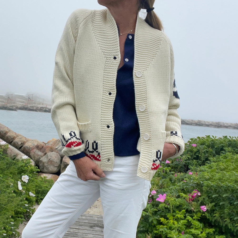 Women's Oversized Knit Cardigan with Whale Motif and Nautical Contrast Trim