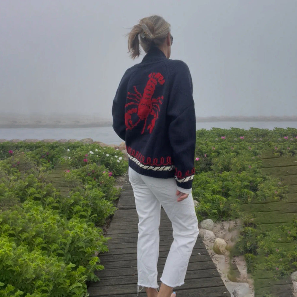 Women's Oversized Knit Cardigan with Whale Motif and Nautical Contrast Trim