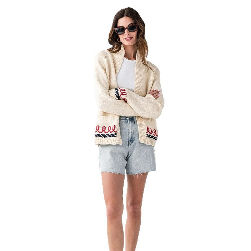 Women's Oversized Knit Cardigan with Whale Motif and Nautical Contrast Trim