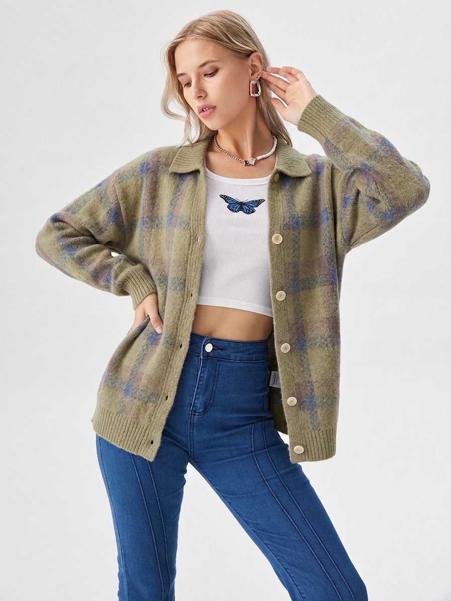 Women's Oversized Plaid Button-Down Cardigan for Fall/Winter