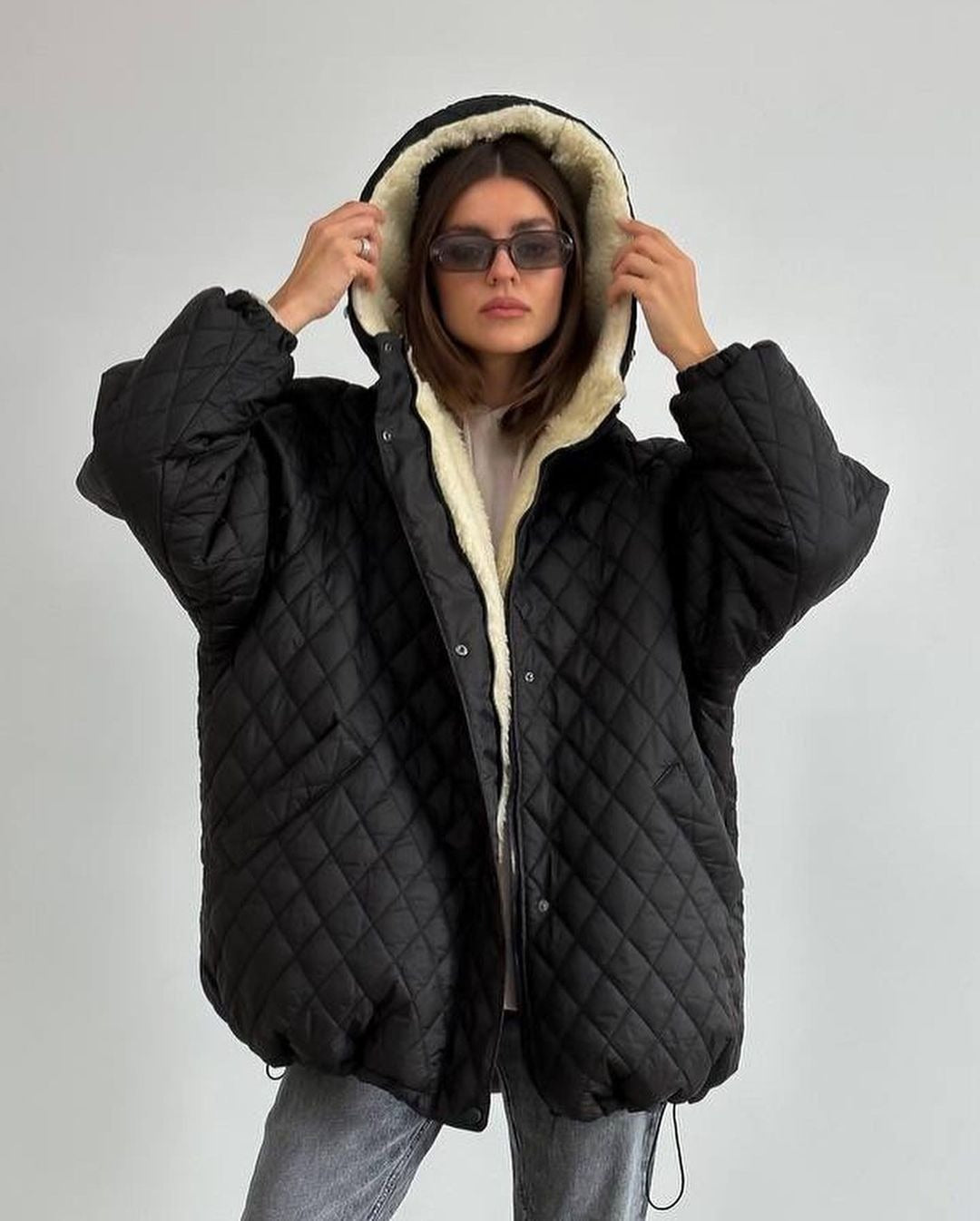 Women's Oversized Quilted Jacket with Teddy Lining and Hood