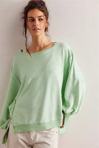 Women's Oversized Sweatshirt with Balloon Sleeves, Exposed Seams, and Side Slits
