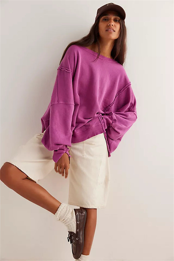 Women's Oversized Sweatshirt with Balloon Sleeves, Exposed Seams, and Side Slits