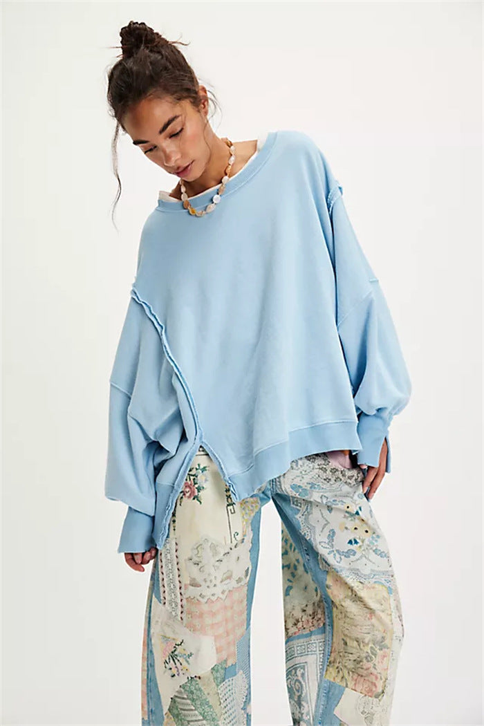 Women's Oversized Sweatshirt with Balloon Sleeves, Exposed Seams, and Side Slits