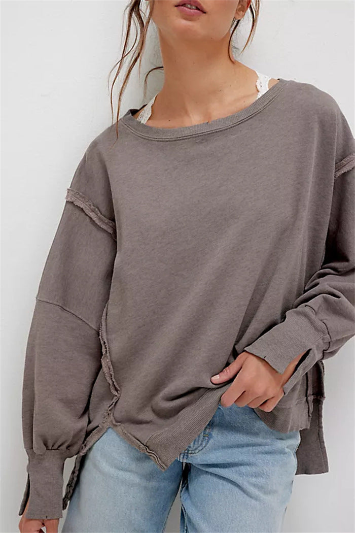 Women's Oversized Sweatshirt with Balloon Sleeves, Exposed Seams, and Side Slits